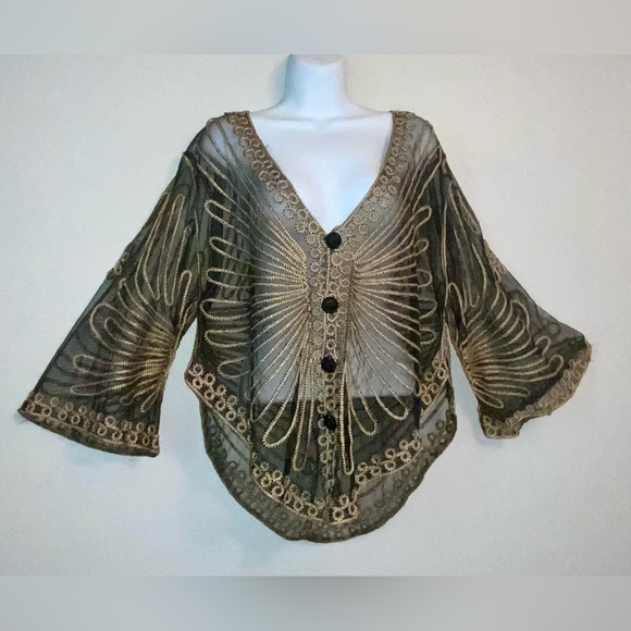 Gorgeous Vintage Black & Gold Embroidered Sheer Retro Poncho OS - Picture 6 of 11